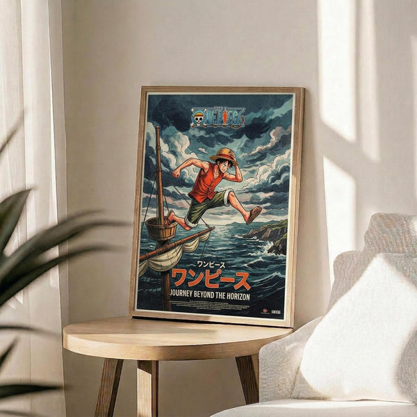 May include: Framed One Piece anime poster displayed on wooden round side table next to beige upholstered chair. Poster shows Luffy in red shirt and straw hat leaping from small wooden boat across stormy ocean with dramatic cloudy sky. Japanese text and "Journey Beyond the Horizon" subtitle visible. Natural lighting creates soft shadows across neutral-toned room setting with plant leaves visible in corner.