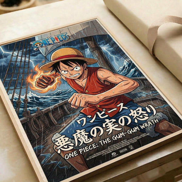 May include: One Piece anime poster featuring Luffy in his signature straw hat and red vest, throwing a fiery punch on a stormy ship deck with lightning and waves in the background. The artwork shows Japanese text and has a dramatic, action-packed manga art style with vibrant blues and reds. The poster appears mounted on white paper or matting, displayed on a cream-colored surface with soft natural lighting.