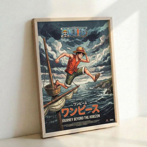 May include: Framed anime poster featuring Monkey D. Luffy from One Piece in red vest and straw hat, leaping energetically from a small wooden boat with mast and sail. Dramatic stormy sky with dark clouds fills the background above choppy ocean waters and rocky coastline. Japanese text and "Journey Beyond the Horizon" appear at bottom. Light wooden frame displayed against white wall corner, casting subtle shadows.
