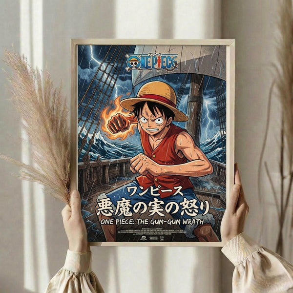 May include: Hands holding a framed anime poster featuring Luffy from One Piece in his red vest and straw hat with a flaming fist, set against a stormy ship scene with lightning and ocean waves. Japanese text appears below the character. The wooden frame is displayed against white curtains with dried pampas grass visible to the side.