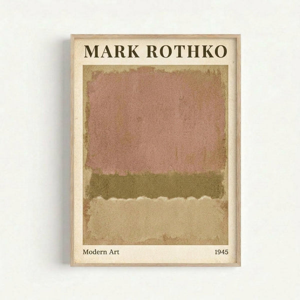 A framed art print displaying an abstract composition with horizontal bands of muted colors - soft pink at the top, olive green in the middle, and cream at the bottom, with blended, watercolor-like edges between the sections. The artwork is matted in cream with black text above and below, housed in a light wood frame and mounted on a white wall.