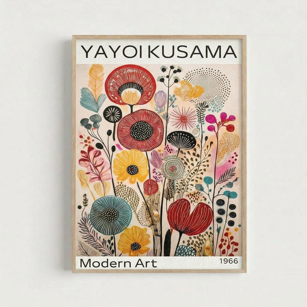 A framed art print featuring colorful stylized flowers and plants in a folk art style. The artwork displays large circular blooms in red, yellow, and teal with intricate dotted and lined patterns, alongside smaller botanical elements like berries and leaves in pink, green, and orange tones. Text at the top reads "YAYOI KUSAMA" and bottom shows "Modern Art 1966". The print has a light wooden frame and is photographed against a white wall.