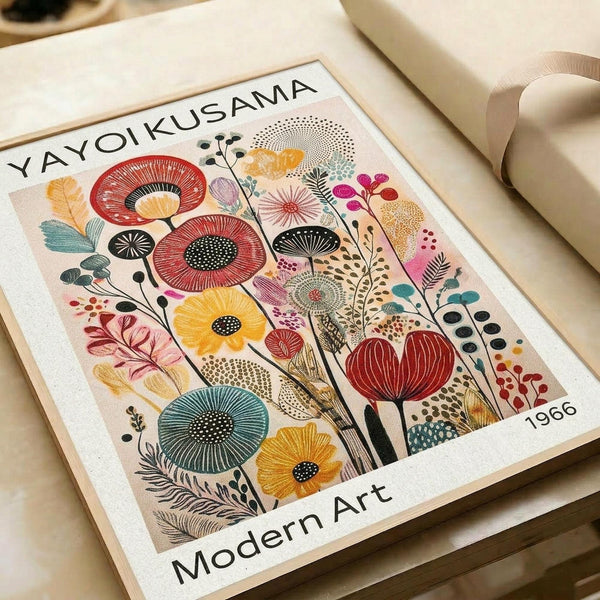 May include: A framed botanical art print featuring stylized flowers, leaves, and plants in vibrant colors including red, yellow, teal, pink, and orange. The artwork displays various floral motifs with dotted patterns and radiating lines in a mid-century modern illustration style. Text reads "YAYOI KUSAMA" at top, "1966" and "Modern Art" at bottom. The print is shown in a light wooden frame resting against neutral-toned paper or fabric backdrop.