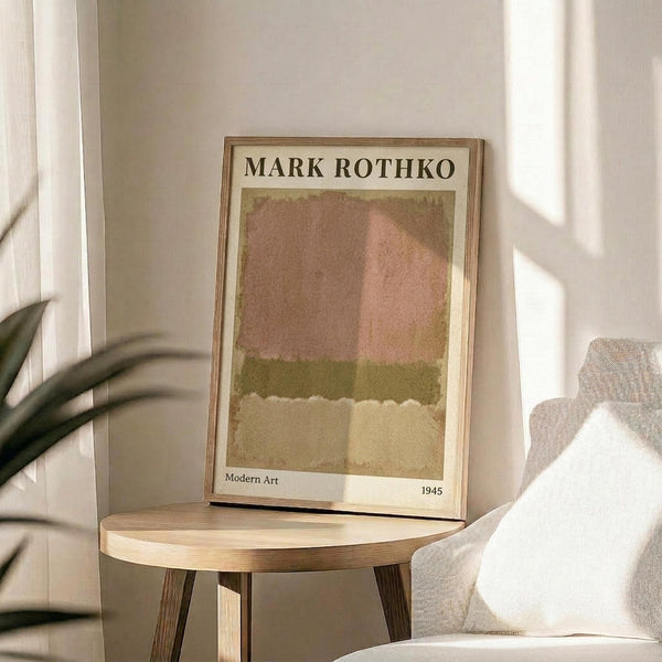 May include: Framed abstract art print in warm earth tones - browns, pinks, greens, and creams in soft rectangular color blocks. Print sits on round wooden side table next to beige upholstered chair with white pillow. Natural sunlight streams across white walls, with plant leaves visible in corner. Thin wood frame surrounds poster with white matting.