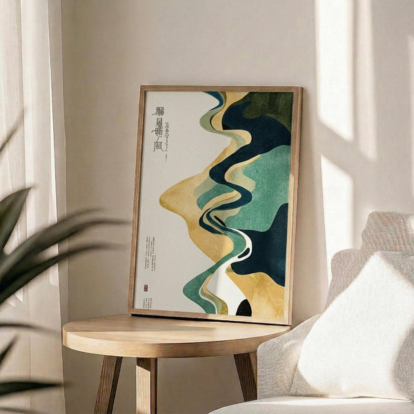 May include: A framed abstract art print with flowing organic shapes in navy blue, teal, gold, and cream colors alongside Japanese calligraphy text, displayed on a light wood round side table next to a beige upholstered chair. Natural sunlight creates soft shadows on the white wall behind. A plant's leaves are partially visible in the corner, creating an elegant minimalist home decor scene.