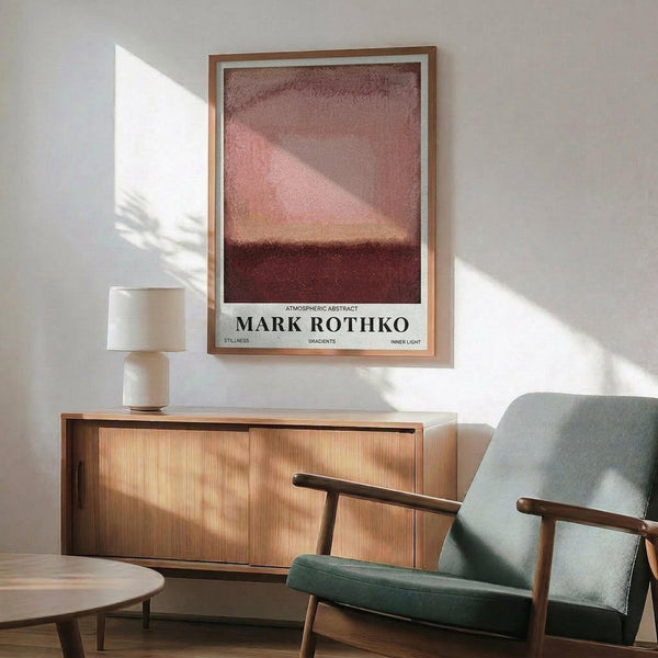May include: Abstract art print in warm pink and burgundy tones displayed in modern living room setting with mint green armchair, wooden sideboard, ceramic table lamp, and natural sunlight casting shadows on white wall. Print features gradient colors transitioning from light pink sky to darker reddish-brown horizon in minimalist Rothko style, housed in thin wooden frame.