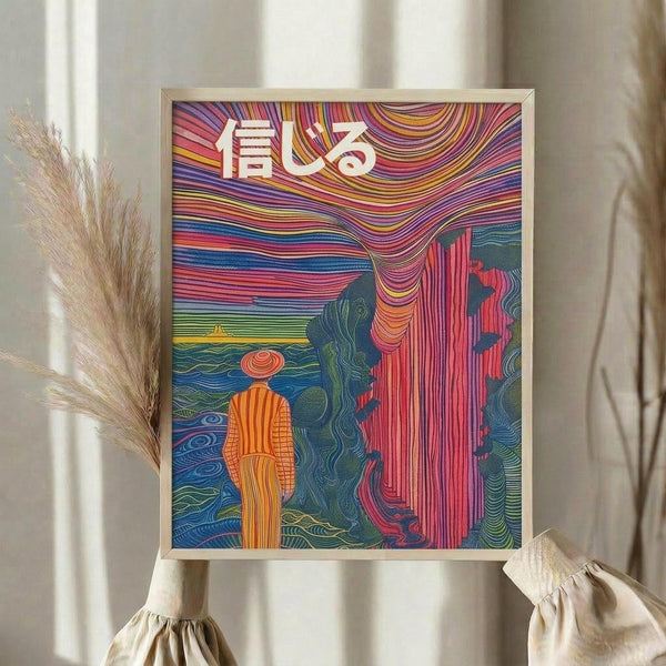 May include: Colorful psychedelic art print in light wood frame showing figure in orange striped clothing facing vibrant pink waterfall amid swirling rainbow patterns and flowing water, with white Japanese characters at top. Print displayed on neutral wall beside dried pampas grass stems and beige fabric with ruffled edges.