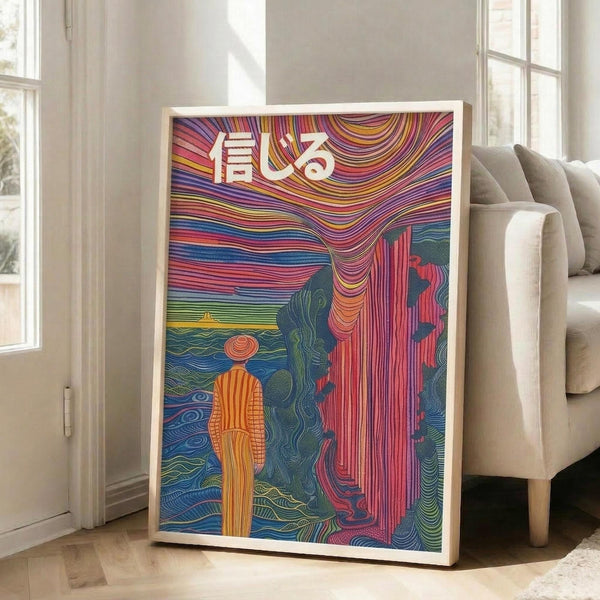 May include: Large framed poster print featuring vibrant swirling lines in rainbow colors depicting a waterfall scene with Japanese characters at top, orange figure in foreground, and psychedelic flowing patterns throughout. Print displayed in light wooden frame leaning against white wall next to beige sofa in bright living room with large windows.