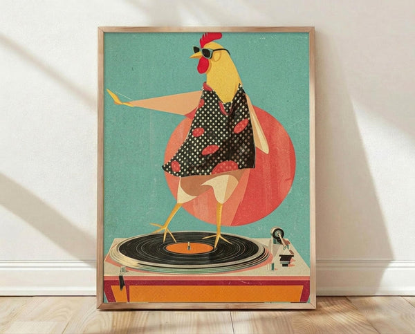 May include: Framed poster print leaning against white wall on light wood floor. Artwork shows stylized rooster with yellow head, red comb, wearing black polka dot dress and sunglasses, standing on vintage turntable. Teal background with large coral circle behind bird. Mid-century modern illustration style with warm retro colors. Natural wood frame, approximately 16x20 size relative to baseboard trim.