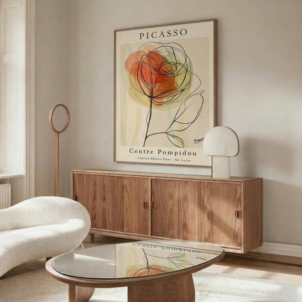 May include: Framed Picasso-style poster featuring abstract line drawing of orange and yellow flower with black stem and leaves, displayed above mid-century walnut credenza in modern living room with white curved chair, brass floor lamp, mushroom table lamp, and glass-top coffee table reflecting the artwork