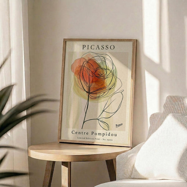 May include: Framed poster featuring abstract floral line drawing with orange and yellow circular blooms on cream background, displayed on round wooden stool beside beige upholstered chair. Natural sunlight creates geometric shadows on white wall. Green plant leaves visible in corner. Print shows minimalist botanical illustration in warm autumn tones with black linear stems and leaves.
