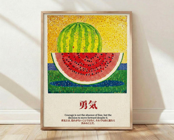 May include: Framed poster print leaning against white wall on light wood floor. Artwork features vibrant dotted watermelon slice with green striped rind against yellow speckled background and blue-green landscape. Below image are red Japanese characters and English text about courage. Natural wood frame with white mat border.