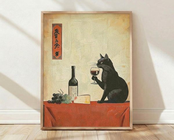 May include: Framed vintage-style Japanese ukiyo-e artwork showing a black cat sitting on a red tablecloth, holding a wine glass. The scene includes a wine bottle, grapes, and cheese on the table. Features aged beige background with orange Japanese text cartouche in upper left. Light wood frame displayed against white wall on wooden floor with natural lighting.