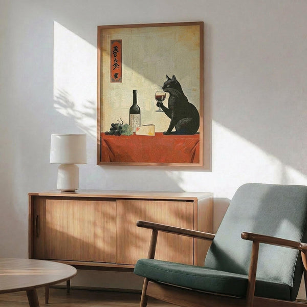 May include: Framed poster artwork in wood frame hanging on white wall above mid-century modern wooden credenza with white table lamp. Green upholstered armchair with wooden arms visible in foreground. Artwork shows black cat holding wine glass at table with wine bottle, grapes and cheese in traditional Japanese ukiyo-e style with beige background and red Japanese text cartouche. Warm natural lighting creates shadows on wall.