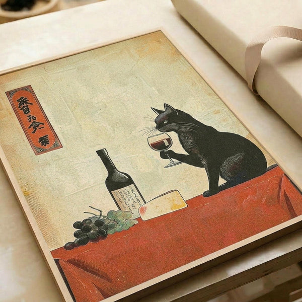Japanese woodblock print style artwork featuring a black cat sitting on a red table, holding a wine glass. The cat has detailed whiskers and pointed ears. On the table are dark grapes, a wine bottle with a label, and what appears to be cheese. The background is cream colored with Japanese characters in a red rectangular cartouche in the upper left corner. The print has an aged, vintage appearance with subtle texture and warm tones throughout.