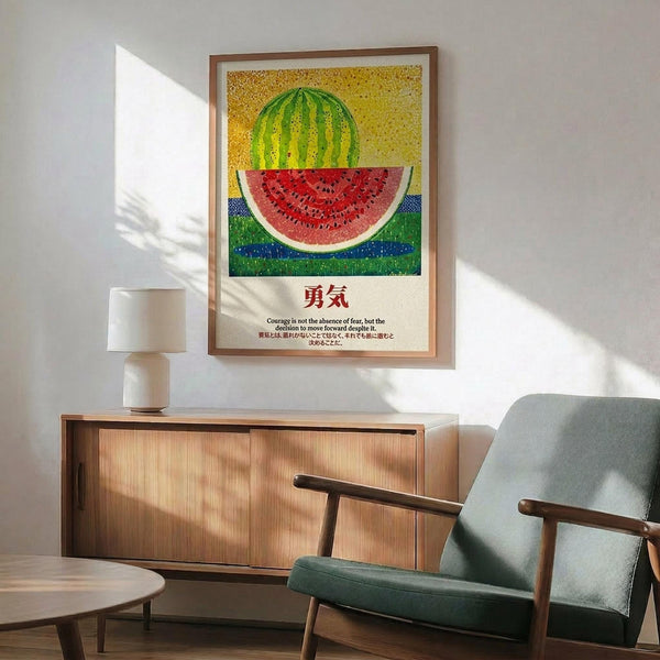 May include: Framed poster showing a colorful watermelon illustration with Japanese text, displayed above a wooden credenza with white lamp in a modern living room setting. The artwork features a whole watermelon on yellow dotted background and watermelon slice on blue and green surface. Mid-century modern green armchair with wooden arms sits nearby with natural sunlight streaming across white walls.