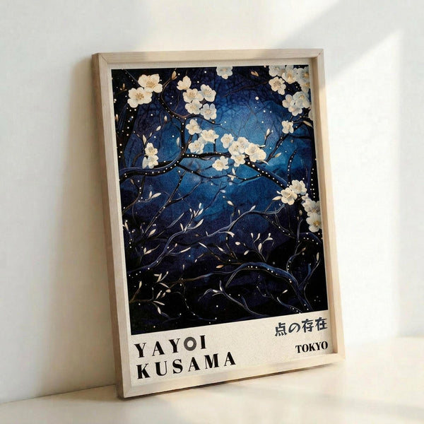 Framed poster leaning against white wall featuring nighttime scene with white cherry blossoms on dark blue starry background. Text at bottom reads "YAYOI KUSAMA" in black letters and Japanese characters with "TOKYO" in smaller text. Artwork shows flowing branches with delicate white flowers scattered across deep blue to black gradient sky filled with small white dots resembling stars. Natural wood frame surrounds the print.