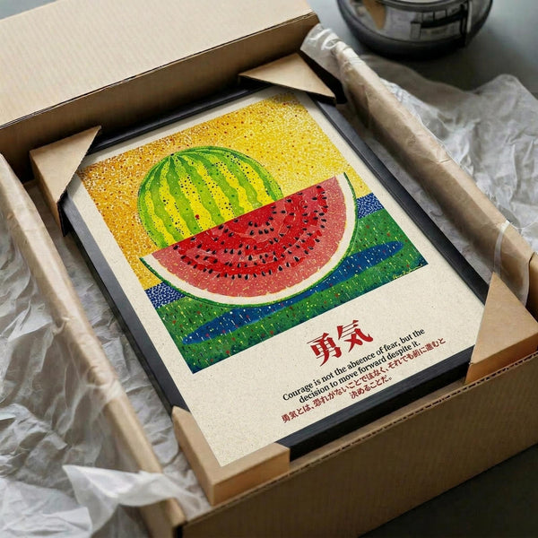 May include: Framed watermelon print in wooden box with tissue paper. Artwork shows sliced watermelon with green rind and pink flesh with black seeds against yellow background with blue and green geometric patterns below. Japanese characters and English text about courage visible at bottom. Print appears textured with dotted, stippled effect throughout.