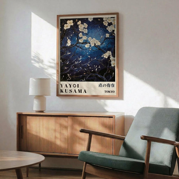May include: Framed art print featuring cherry blossoms against deep blue night sky with white dots, displayed on white wall above wooden sideboard with lamp. Mid-century modern sage green armchair with wooden arms sits nearby. Natural sunlight creates soft shadows across the minimalist interior scene.
