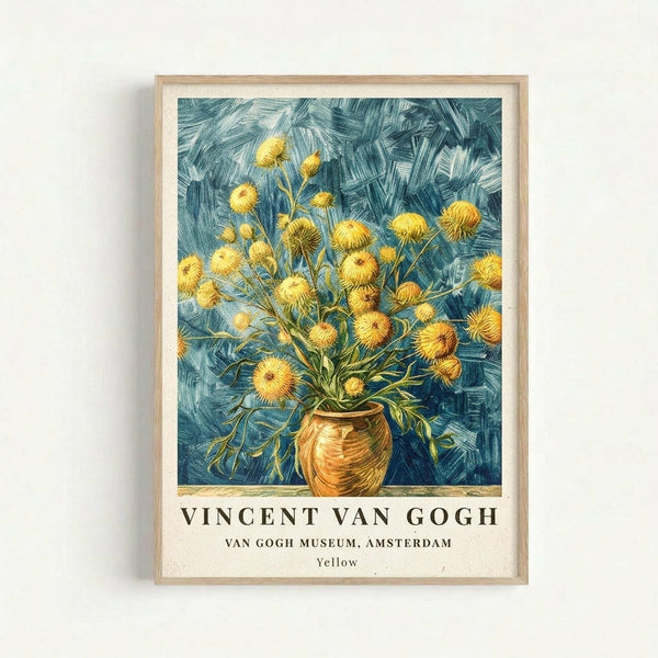 May include: Framed museum poster featuring Van Gogh's yellow chrysanthemums in a brown ceramic vase against swirling blue brushstrokes. Light wood frame with cream matting displays the artwork on a white wall. Text below reads "Vincent van Gogh" and "Van Gogh Museum, Amsterdam" with "Yellow" subtitle. The painting shows vibrant golden blooms with radiating petals and green stems in Van Gogh's distinctive expressive style.