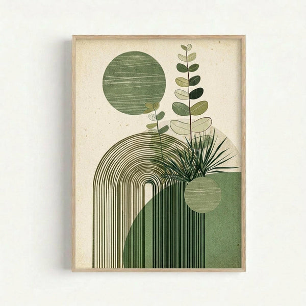 Framed botanical art print featuring abstract geometric elements in sage green and cream tones. The composition includes stylized plant stems with oval leaves, circular sun shapes with linear textures, an arched rainbow form with concentric lines, and spiky grass-like foliage. All elements are arranged against a textured beige background within a light wood frame mounted on a white wall.