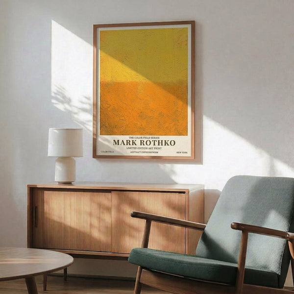 May include: Abstract art print with yellow and orange color field design in wooden frame, displayed above modern walnut credenza with ceramic table lamp, next to mid-century modern teal upholstered armchair with wooden arms in bright living room with natural sunlight casting shadows on white wall