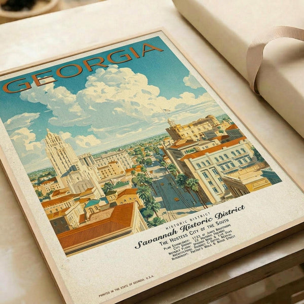 May include: Vintage-style travel poster featuring Georgia with Savannah Historic District cityscape in warm blues, oranges and creams. Shows buildings, palm trees and cloudy sky in retro illustration style. Print appears on cream paper with white tube packaging visible, photographed on light wooden surface with soft natural lighting.