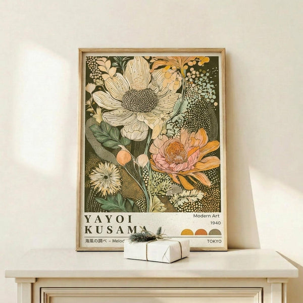 May include: Framed botanical art print featuring large cream and orange flowers with detailed petals and green foliage against a dark olive background with dotted patterns. The artwork displays "YAYOI KUSAMA" and "Modern Art 1940 TOKYO" text at bottom. Print sits in light wood frame on white wooden shelf next to small white gift box with greenery sprig, against cream wall with soft natural lighting.
