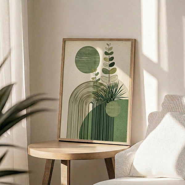 May include: Framed botanical abstract art print with green geometric shapes, plants, and striped rainbow arch displayed on light wood round side table next to beige upholstered chair. Sunlight casts shadows across white walls in minimalist living room setting with potted plant visible in corner.