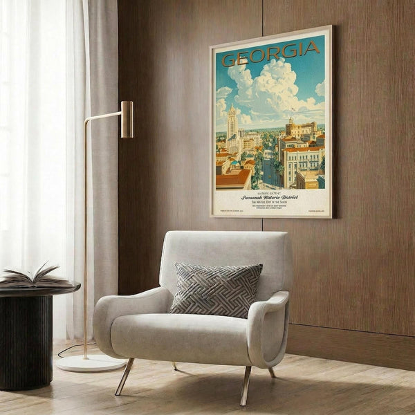 May include: Vintage Georgia travel poster featuring Savannah's historic district with colonial buildings, church spires, and blue sky with white clouds. Displayed in white frame on wood-paneled wall above cream upholstered chair with geometric pillow. Modern brass floor lamp and dark side table with open book complete the styled room setting.