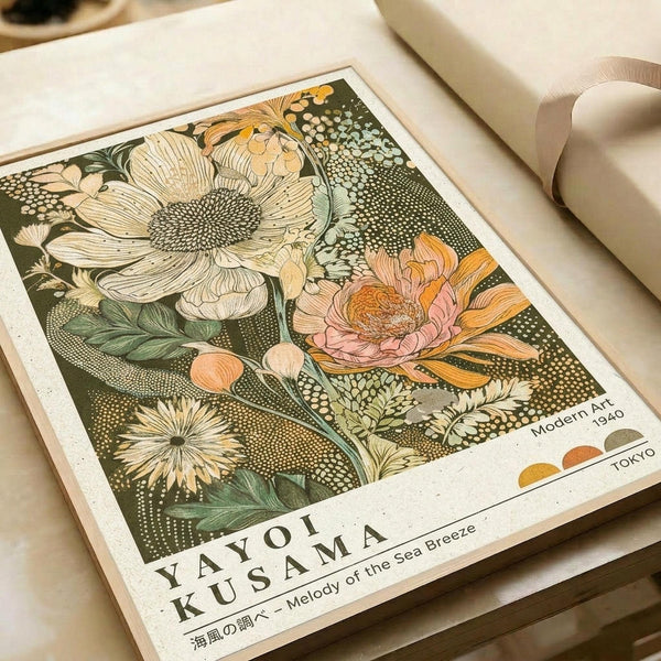 A vintage-style botanical art print featuring large detailed flowers in cream, orange, and pink tones against a dark green background with dotted patterns. The artwork shows Japanese-inspired floral illustrations with intricate line work. Text at bottom reads "YAYOI KUSAMA" and "Melody of the Sea Breeze" with "Modern Art 1940" and "TOKYO" labels. A color palette strip appears on the right side. The print lies flat on white paper with cream ribbon nearby.