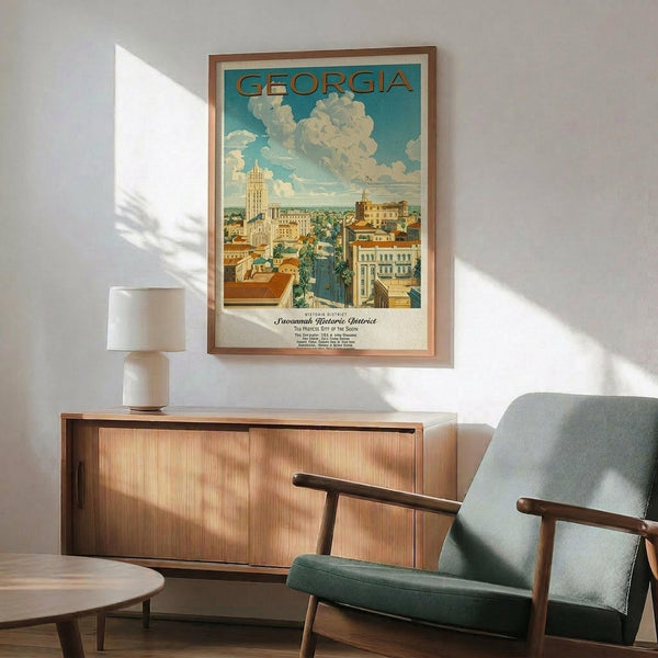 May include: Vintage-style Georgia travel poster featuring Savannah Historic District with classic buildings and cloudy blue sky, displayed in wooden frame above mid-century modern credenza with white ceramic lamp, alongside sage green upholstered armchair with wooden arms in sunlit room with white walls