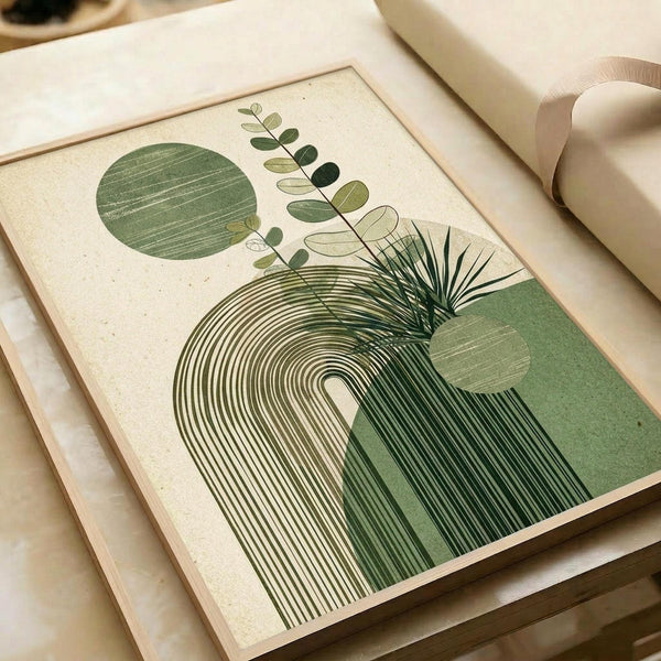 An abstract botanical art print featuring green geometric shapes, eucalyptus leaves, and palm fronds in muted sage and olive tones. The artwork combines organic plant elements with minimalist geometric forms including circles and curved lines on a cream textured background. The print is displayed in a light wooden frame on white paper with kraft paper wrapping and ribbon visible in the scene.