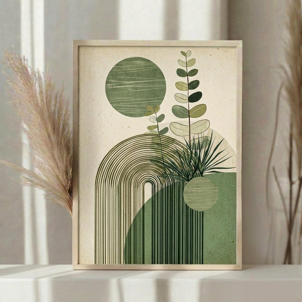 May include: Framed botanical abstract art print featuring green geometric shapes including circles and an arch with line textures, stylized plant stems with oval leaves, and grass-like fronds on cream textured paper. Natural wood frame displayed on white surface beside dried pampas grass stems against soft curtained window background.