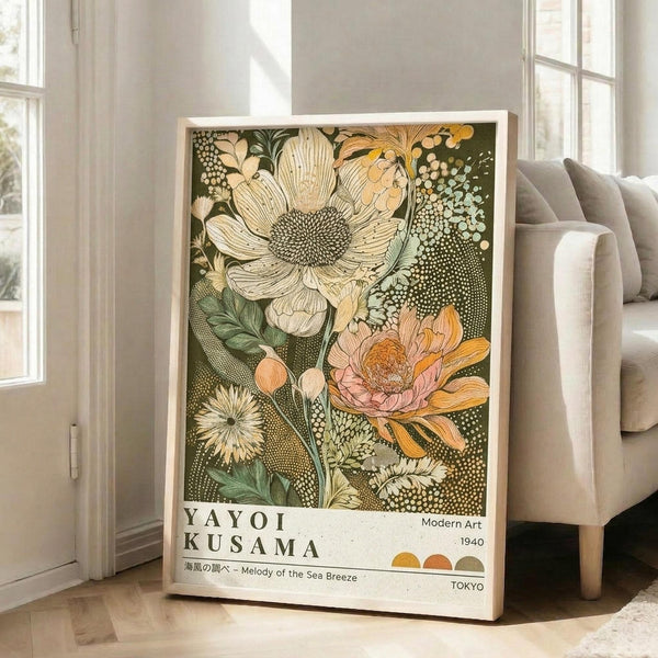May include: Framed botanical art print leaning against white wall next to beige upholstered chair in bright living room. Artwork features large detailed flowers in cream, orange, and pink tones against dark green background with dotted patterns. White text at bottom reads artist name and exhibition details. Natural sunlight streams through tall windows onto light wooden floors.