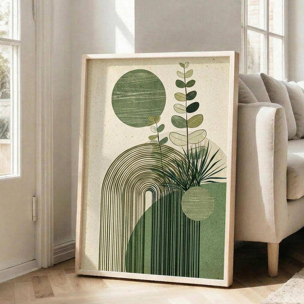 May include: Large framed botanical art print with abstract green geometric shapes, plant silhouettes, and circular sun motif, displayed on hardwood floor against white wall next to beige upholstered sofa in bright living room with tall windows and natural lighting.