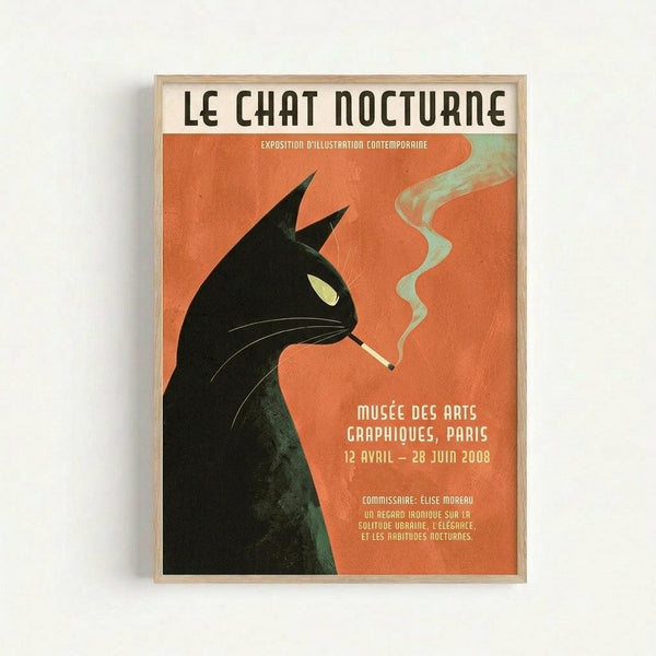 Vintage-style poster featuring a stylized black cat silhouette smoking a cigarette against an orange-red background. The cat has pointed ears, green eyes, and visible whiskers, with pale green smoke curling upward. French text appears at the top and bottom in cream and white lettering. The poster is displayed in a light wooden frame against a white wall, showing mid-century modern illustration aesthetic with bold geometric shapes and retro color palette.