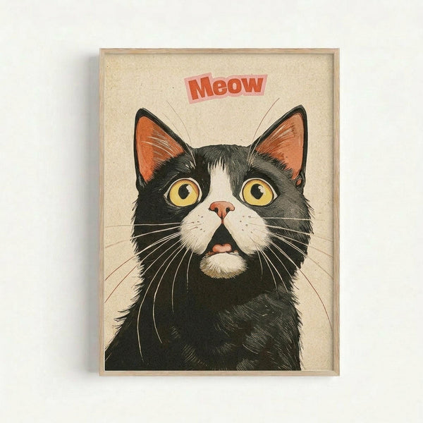Illustrated black and white tuxedo cat with large golden yellow eyes and open mouth in surprised expression, orange inner ears visible, with red "Meow" text above. The artwork has a vintage poster style with crosshatched shading on cream colored background, displayed in a thin wooden frame against white wall.