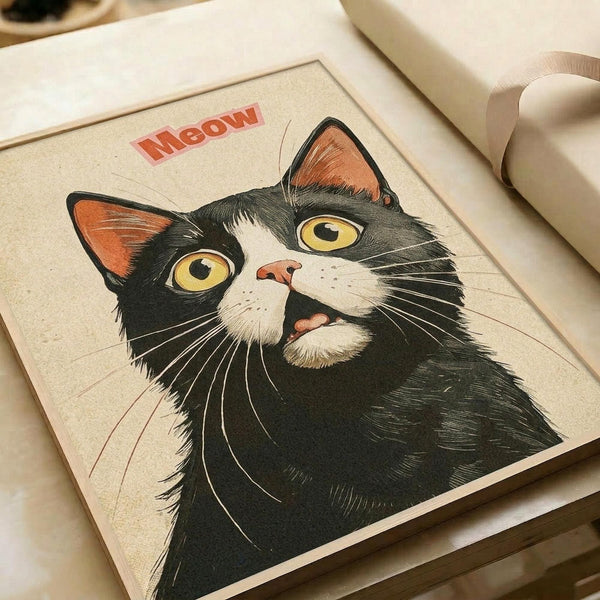 May include: Vintage-style poster print featuring a black and white tuxedo cat with bright yellow-green eyes and open mouth saying "Meow" in red text. The illustration shows detailed whiskers and fur texture in a retro comic book art style on cream colored paper, displayed in a light wooden frame alongside white gift boxes with ribbon on a neutral surface.