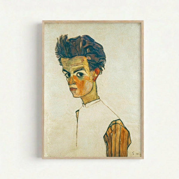 Framed expressionist portrait showing a young man with tousled dark hair and angular facial features, rendered in muted tones of yellow, orange, and teal. The figure wears a white collar and brown jacket against a pale background. The artwork has bold, sketchy lines characteristic of early 20th century European art style, displayed in a simple light wood frame against a white wall.