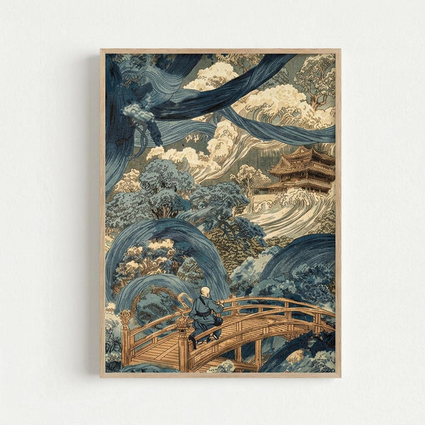 May include: Framed Japanese woodblock print artwork hanging on white wall showing dramatic swirling blue waves and wind patterns surrounding a wooden arched bridge with a small robed figure. Traditional pagoda building visible in background amid turbulent weather scene. Print features muted blue, cream and brown tones in classic ukiyo-e style with intricate line work and flowing water motifs. Natural wood frame complements the vintage aesthetic.