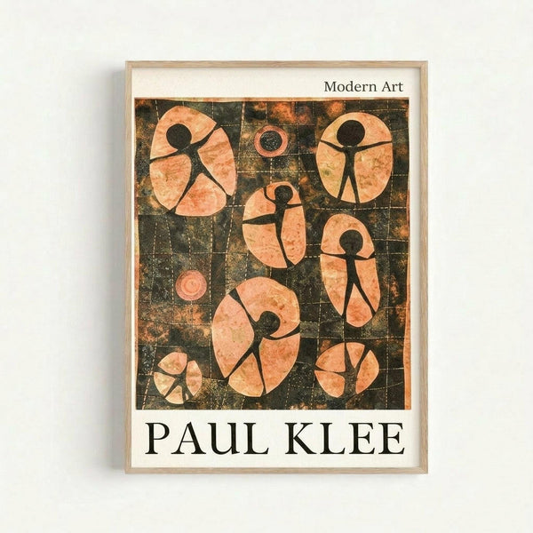 May include: Framed modern art poster featuring Paul Klee's abstract composition with coral-orange organic shapes and black stick figures on a dark grid background. The artwork shows stylized human forms within rounded, flowing shapes against a weathered, textured surface. Light wooden frame mounted on white wall with "Modern Art" and "PAUL KLEE" text below the image.