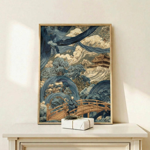May include: Framed Japanese woodblock print showing a figure on wooden bridge amid dramatic swirling blue waves and wind patterns, displayed on light wood console table with small white wrapped gift box, against cream wall with soft natural lighting