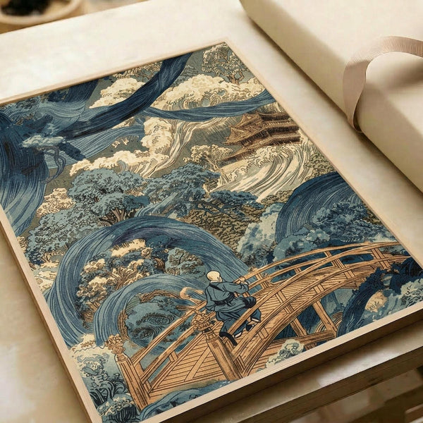 Japanese woodblock print showing a monk in blue robes crossing a wooden bridge during a dramatic storm. Massive blue and white waves crash around the bridge structure, with swirling water and foam creating dynamic movement throughout the composition. The print features traditional ukiyo-e style with rich blues, browns, and cream colors. The artwork is displayed flat on white paper with a beige ribbon visible at the edge.