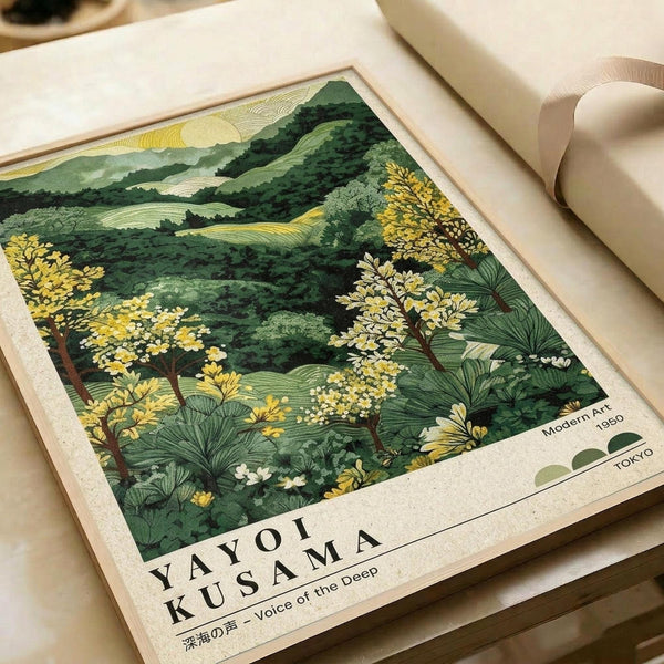 May include: Vintage-style art print featuring lush green landscape with rolling hills, flowering trees with yellow and white blossoms, and tropical foliage in Japanese artistic style. Print displayed on cream-colored paper with wide white border, text reading "YAYOI KUSAMA" and "Voice of the Deep" below artwork. Shows "Modern Art 1950 TOKYO" in corner with color palette samples. Print lies flat on neutral surface next to rolled paper tube.