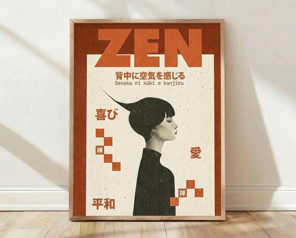 May include: Framed poster print leaning against white wall on light wooden floor. The artwork features a minimalist design with rust-orange border and cream background. A woman's profile silhouette in dark green faces right, with geometric orange squares scattered around. Large "ZEN" text at top, Japanese characters below including "背中に空気を感じる" and other text elements. Natural wood frame with warm lighting casting soft shadows on textured wall.