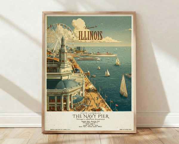 May include: Framed vintage-style poster featuring Navy Pier in Chicago with a large Ferris wheel, ornate buildings with green domes, sailing boats on blue water, and "Welcome to Illinois" text in warm earth tones. The wooden-framed print sits on light wood flooring against white walls with soft natural lighting creating gentle shadows.