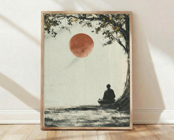 May include: Framed art print leaning against white wall on light wood floor. The artwork shows a silhouetted figure in meditation pose sitting beneath a large tree by water, with a rust-colored sun in pale sky. Rendered in muted earth tones with painterly, minimalist style. Natural wood frame, soft natural lighting creates shadows on wall.