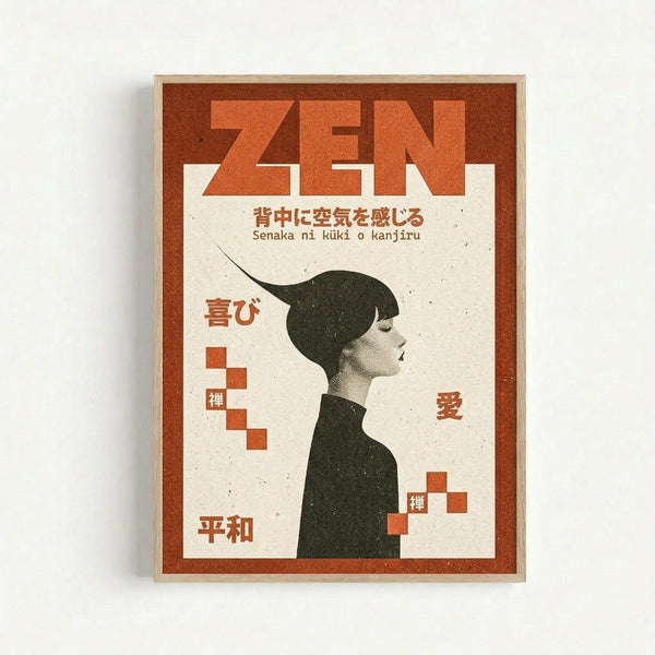 Framed poster with orange and cream color scheme featuring a minimalist illustration of a person in profile wearing a dark green turtleneck. The design includes "ZEN" in large orange letters at the top, Japanese text, and geometric orange square elements scattered around the composition. The poster has a vintage-inspired aesthetic with textured paper appearance and is displayed in a light wood frame against a white wall.