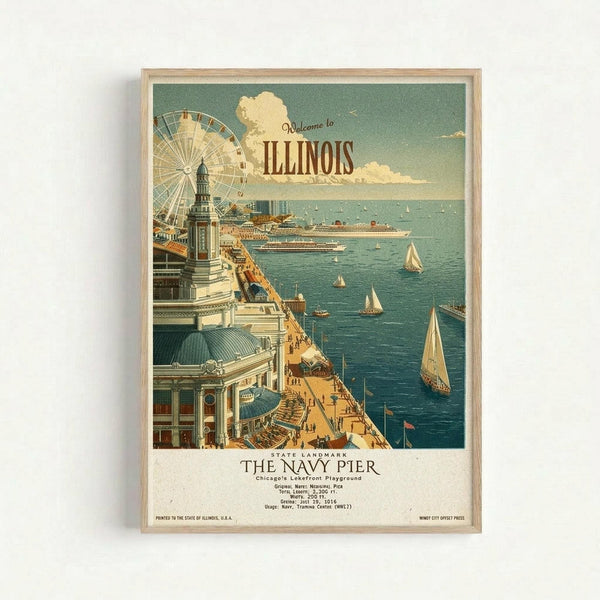 Vintage-style travel poster featuring Navy Pier in Chicago with "Welcome to Illinois" text. The illustration shows a bustling lakefront scene with a large Ferris wheel, historic pier buildings with green domes, sailboats on blue water, and people walking along the wooden boardwalk. The artwork uses muted teal, cream, and brown tones in a classic 1916 tourism poster aesthetic. Framed in light wood and displayed against a white wall.